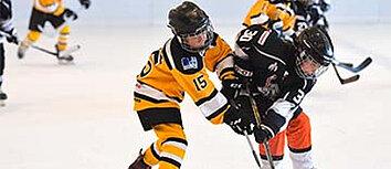 Two young hockey players competing in the game