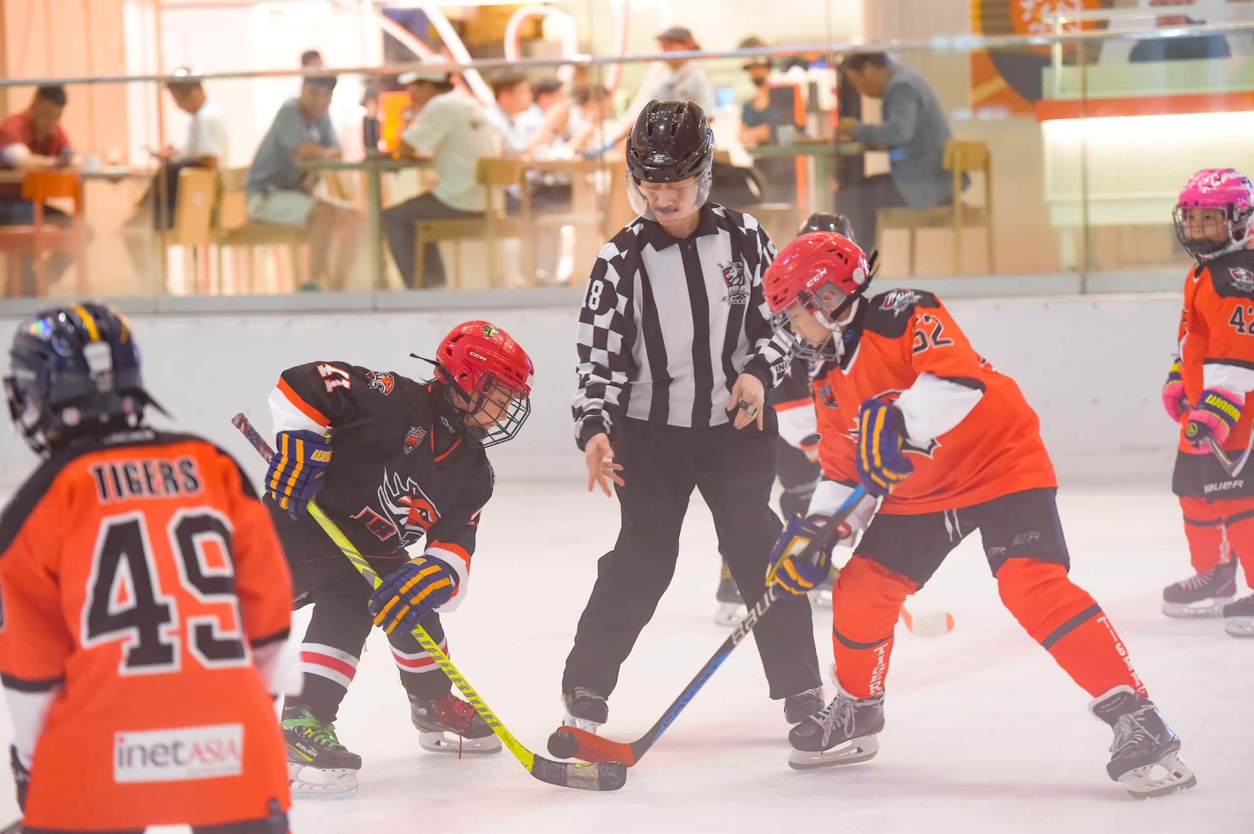 Two young ice hockey players competing in the game